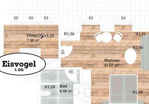 38 m2 apartment on the upper floor, 1 room + bathroom/WC, 1 to 4 people