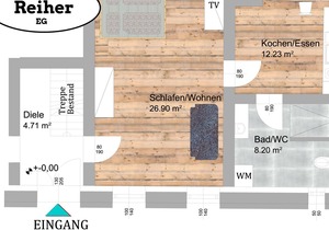 47m2 apartment on the ground floor, 2 rooms + bathroom/WC, 1 to 4 persons