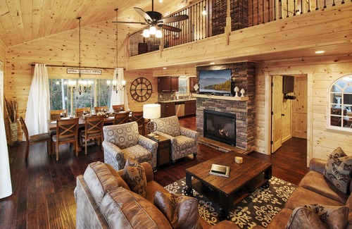 Chalet Village North Cabin | AMAZING 4 Suite Cabin w/VIEWS! Game Room! Theater! 3 Decks! Fire Pit! Hot Tub!