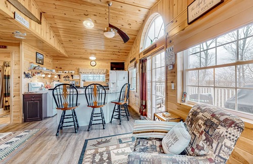 Greenville Junction House | Lake-view two-story home with beach access, wood stove, grill, W/D, & fast WiFi
