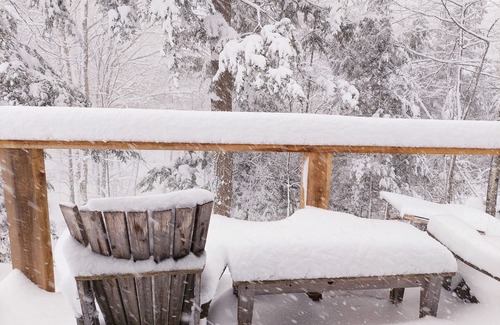 Craftsbury Cabin | Northwoods Guest Cabin & porch overlooking private woods and stream