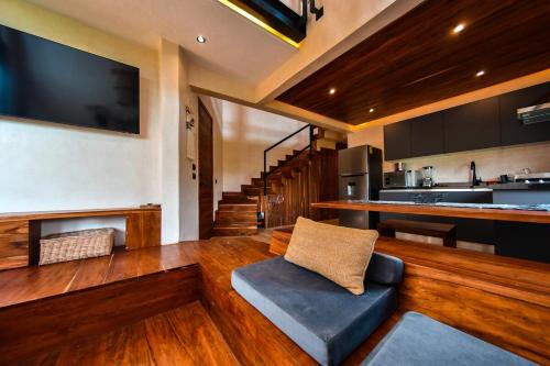 A double-height apartment with a private pool