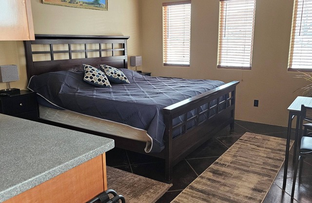 A pet friendly studio in a quiet neighborhood with AC and Wi-Fi.