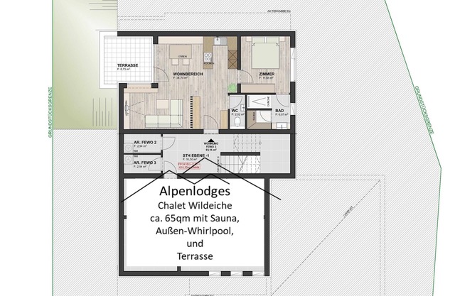 Alpenlodges Chalet Wildeiche, 65 qm, Separates Schlafzimmer, Bad, Sauna, Terrasse