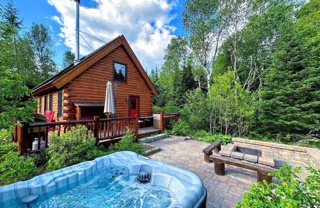 BC Log cabin 1 mile from skiing, beach, slope views! Hot tub, ice skating, and dog friendly!