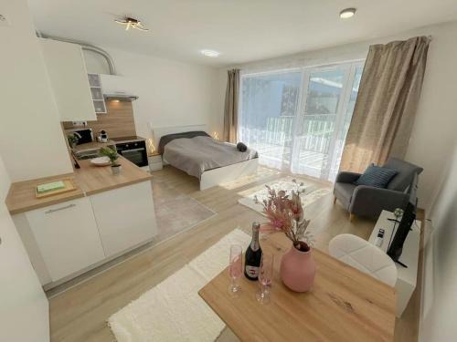 Bright Riverside Studio, Balcony, Free Parking, Air Conditioning
