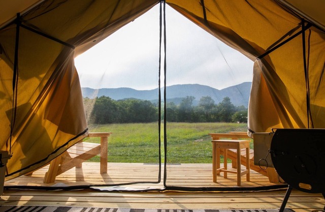 Cozy glamping tents located by headwaters of the James River near Eagle Rock, Va