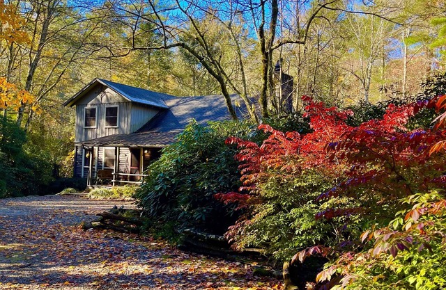 Creek side log cabin in the woods.