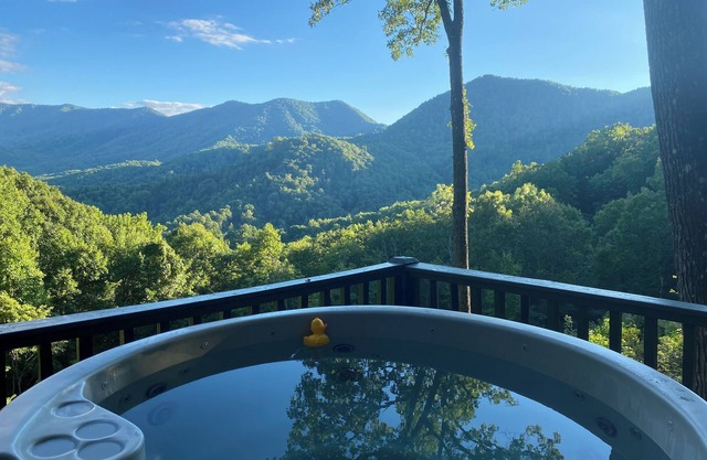 Enjoy the beautiful view of the mountains in your private hot tub! Pet friendly