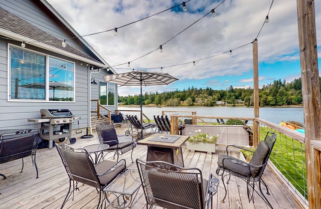 Entire waterfront property with hot tub, fire pits, patio & private beach access
