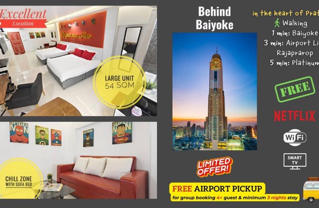 Family Hub Pratunam 3 FREE Airport pickup min 3nights and 4Adults stay