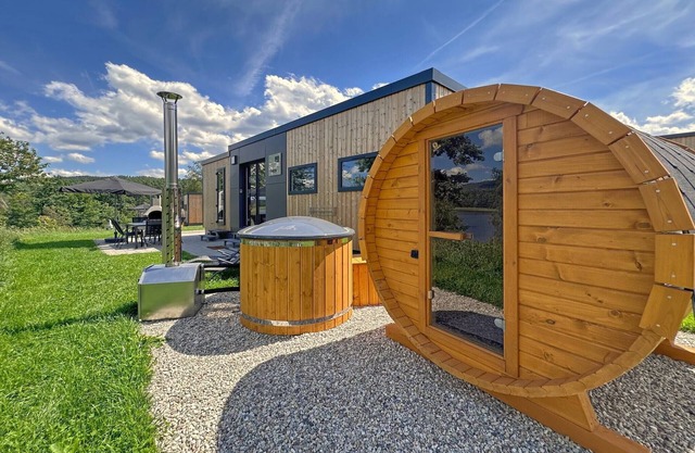 Feriendorf Seeblick Chalet with sauna.