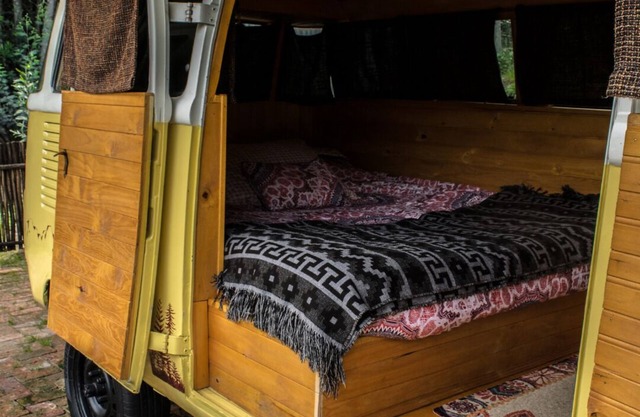 Hippie bus in the forest with mountain views - Hidden Forest
