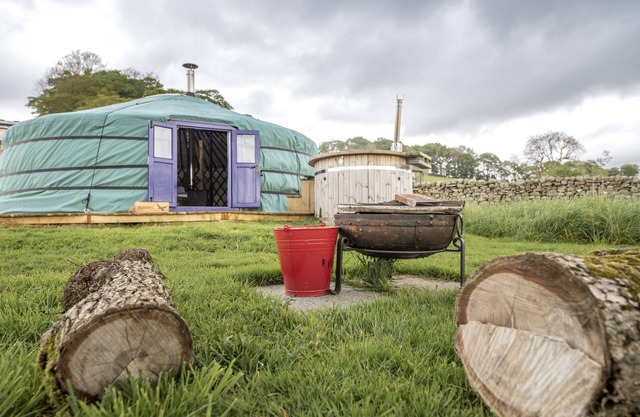 Kestrel Yurt sleeps up to 6 guests with hot tub and views across Wether Fell