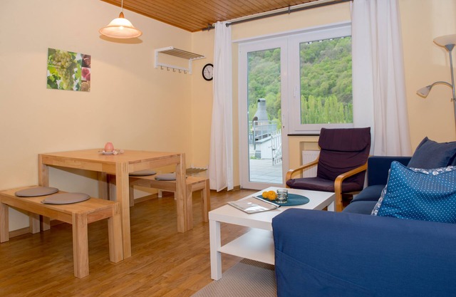 Large sun-drenched terrace with a view of the Moselle
