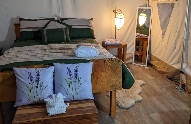 Lavender Glamping Tent with heater , mini fridge and fire pit.n