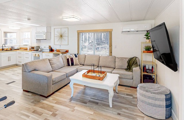 Modern dog-friendly cabin with private deck, foosball, grill, AC, & W/D