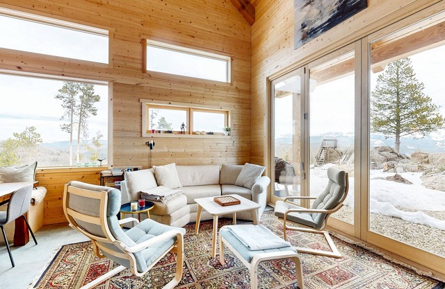 Modern off grid cabin with stocked kitchen & private mountain view- dog friendly