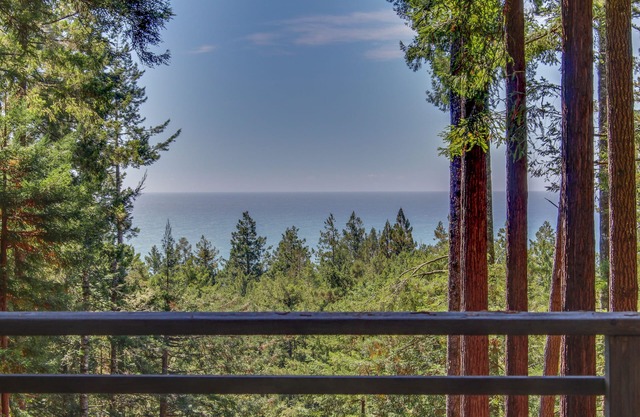 Romantic woodland haven with private hot tub, deck & gorgeous forest/ocean views