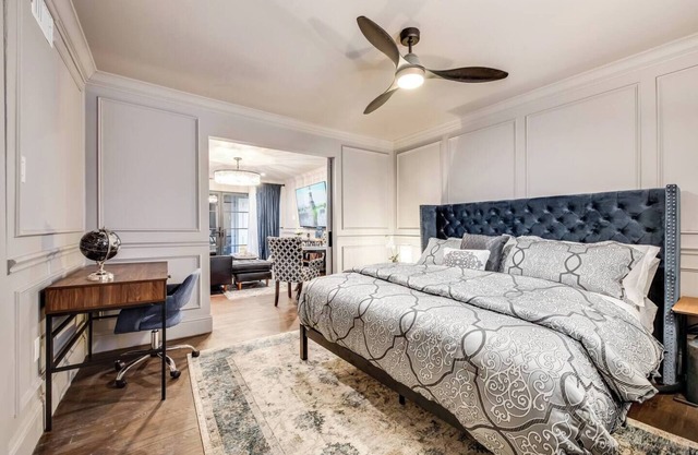 Savor your stay in this elegant Dallas retreat, blending modern comforts with historic charm. Enjoy high-speed Wi-Fi, a smart TV, luxurious king bed, marble finishes, and an award-winning courtyard oasis.