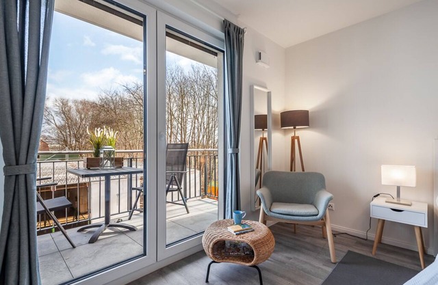 Studio apartment with a large balcony and stylish furnishings near the port.
