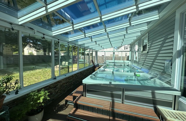 Swim spa under the starry night with pool/hot tub/sauna