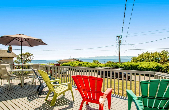 Water-view home with private hot tub & beach access