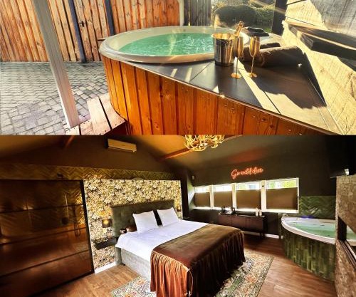 Wellness Tuin - Ultieme Partner Beleving - St Hubertus Suite met Jacuzzi ,Openhaard, Privé Hottub en Privé Sauna in Jachthut stijl