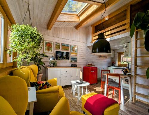 Wichtelhaisl Rittersgrün im Erzgebirge - Entspannen im fröhlichen Tiny House - umzäunter Naturgarten-Hunde willkommen-Ebike und Elektroauto laden