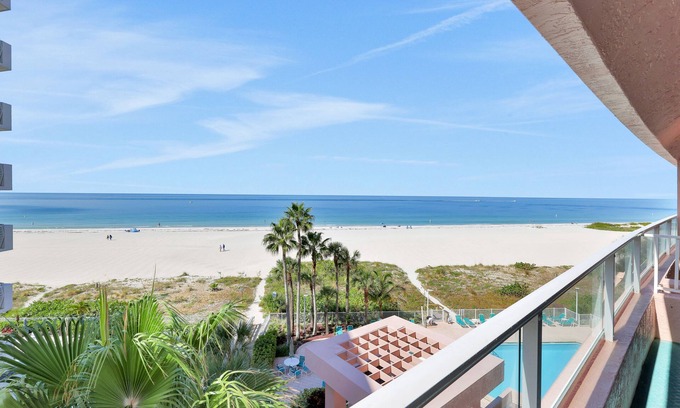 Sand Key Condo | Beachfront condo with multiple balconies, heated pool, gym, hot tub & AC
