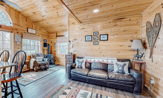 Greenville Junction House | Lake-view two-story home with beach access, wood stove, grill, W/D, & fast WiFi