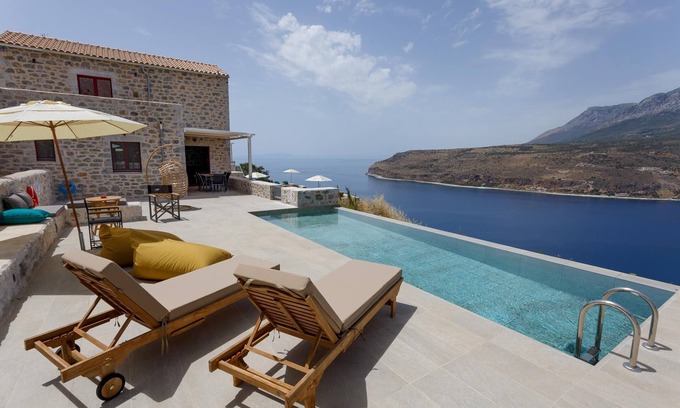 Limeni House | Villa ATHINA with private pool in exposed position over the sea, Peloponnese